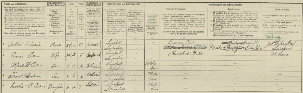 Arthur Alfred Currin 1921 census